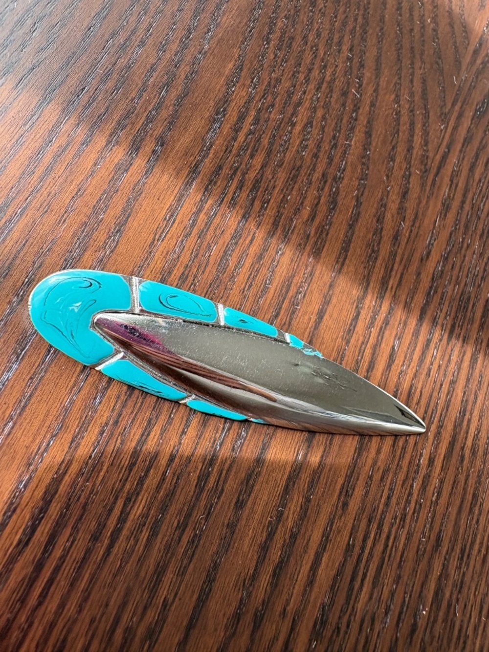 Vintage Modernist Southwestern Faux Turquoise Inlay Feather Brooch Pin